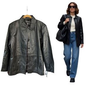 Women’s Black Classic Genuine Leather Jacket NWT Button Up Hip Length Size L